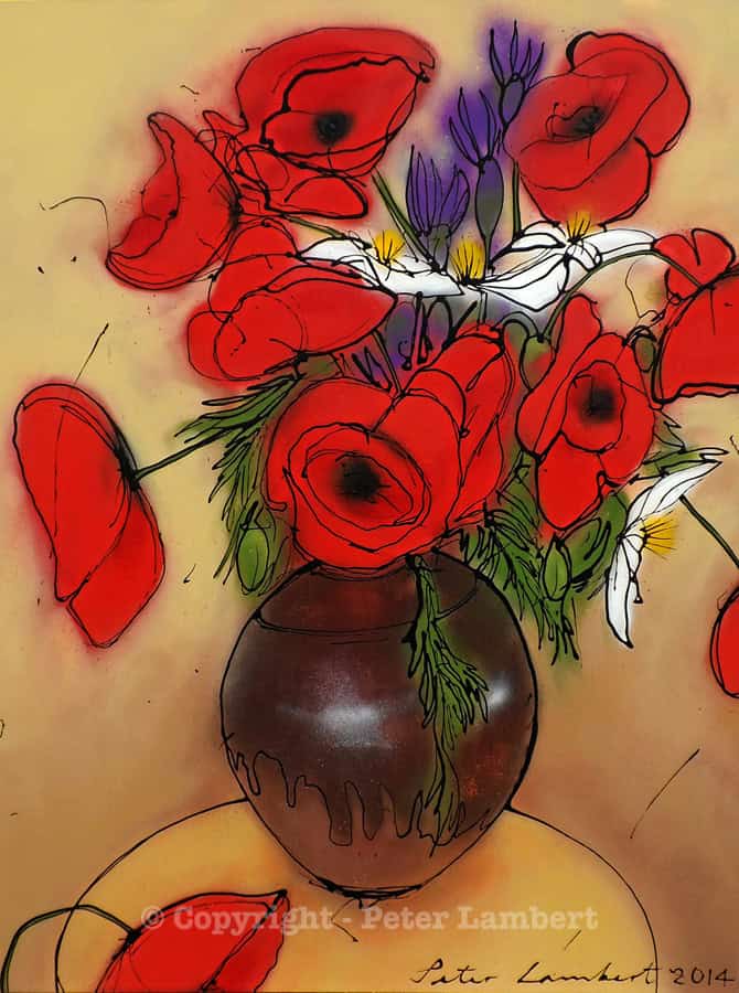 Red Poppies and Clematis in a Vase