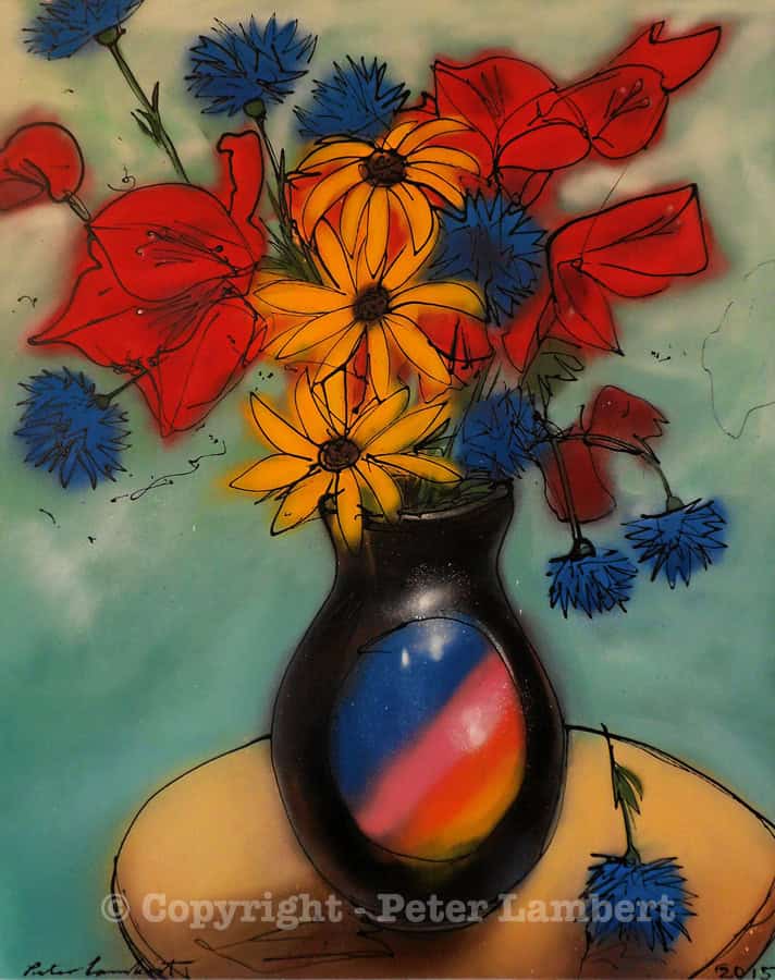 Red, Yellow and Blue Flowers in a Vase