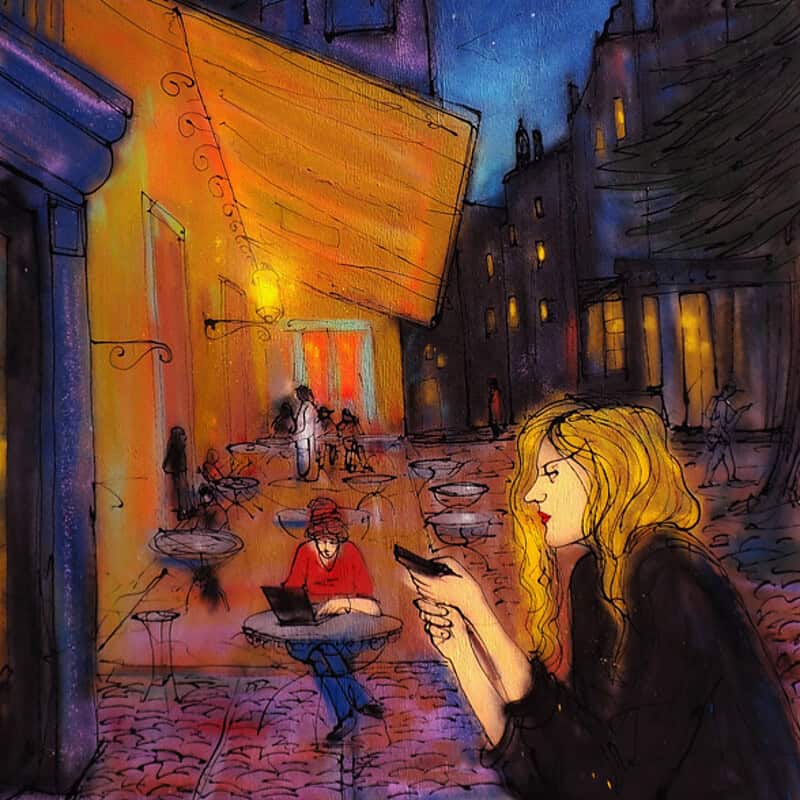 Woman-with-cellphone-on-Van-Goghs-Cafe-Terrace