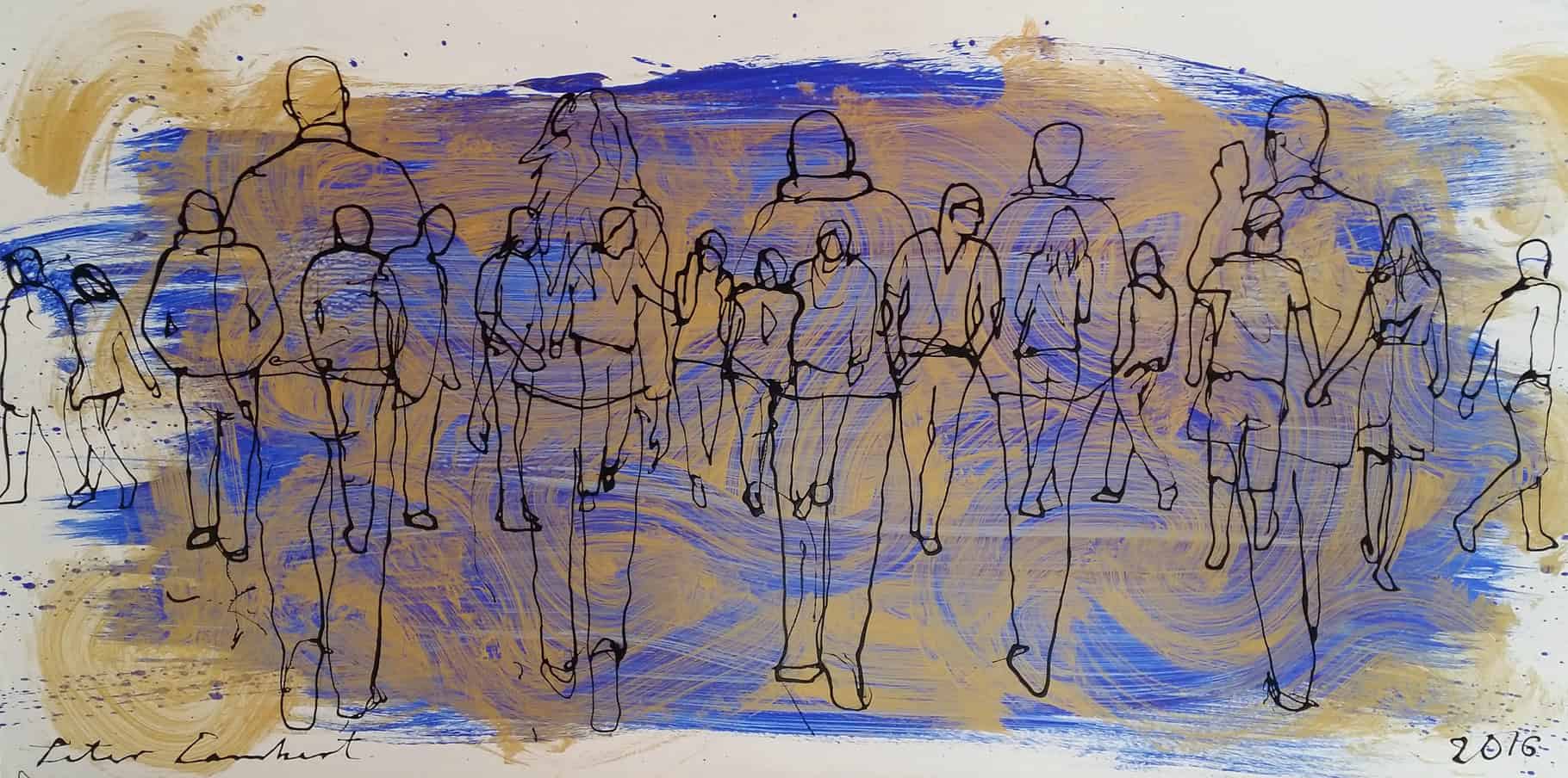 “People Walking on Blue and Gold”