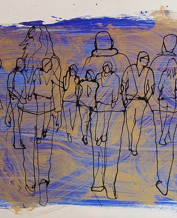 “People Walking on Blue and Gold”