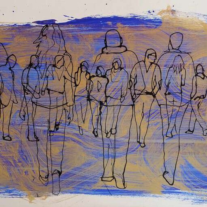 “People Walking on Blue and Gold”