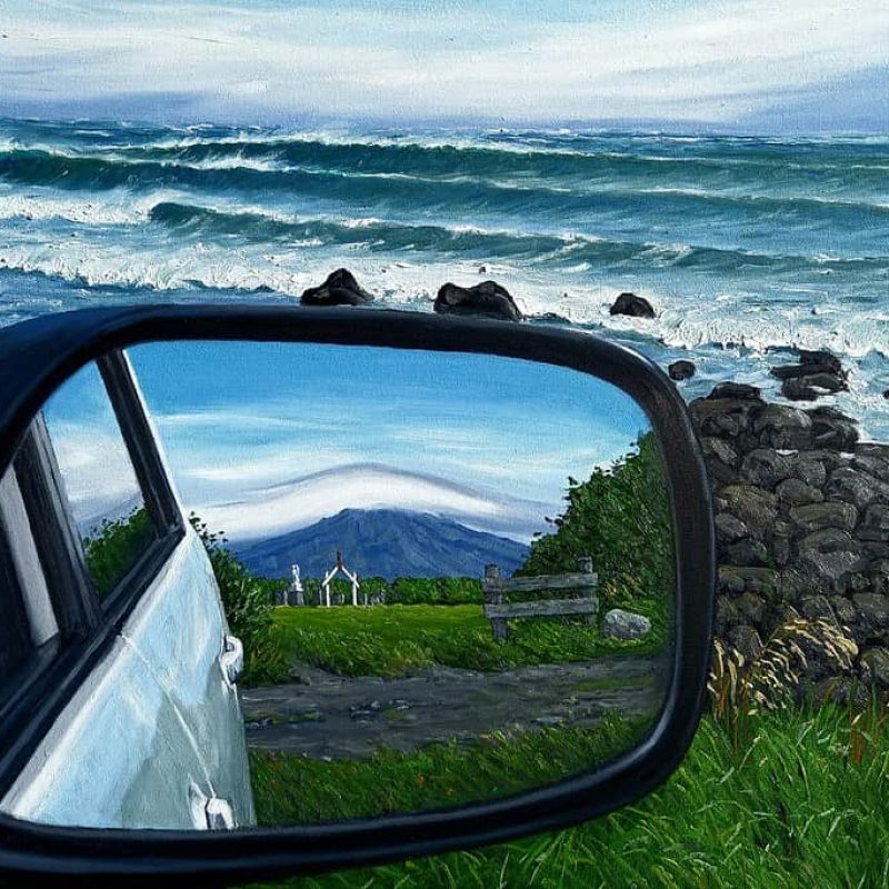 “Rocky Point Surf and Wing Mirror with Maunga and Urupa”